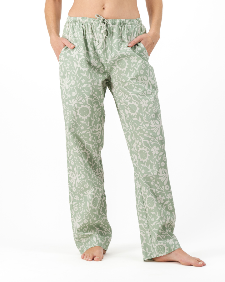 Womens Lounge Pants - Milk Sunflowers on Sage