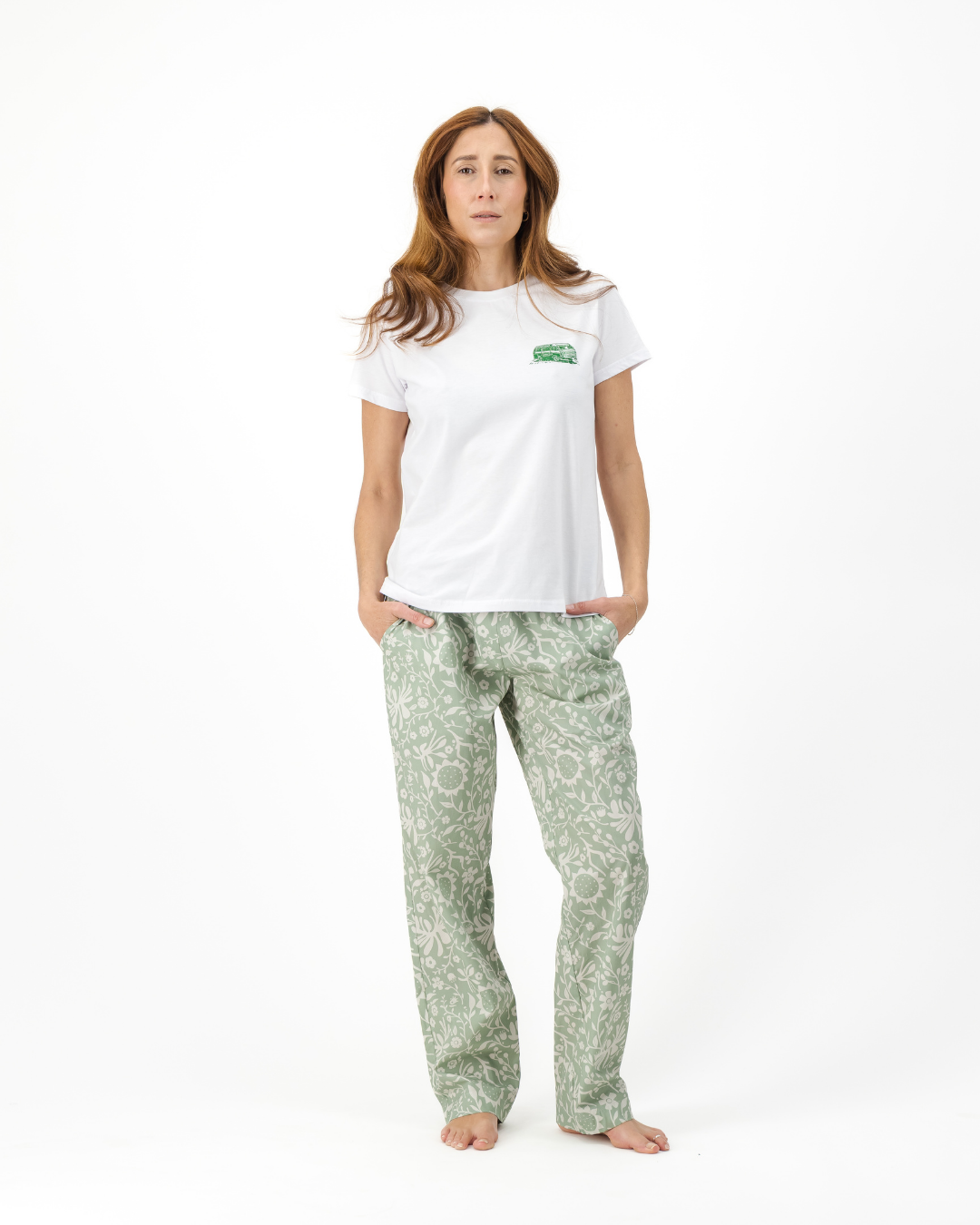 Womens Lounge Pants - Milk Sunflowers on Sage