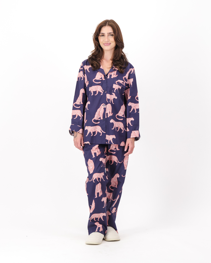 Womens Long Pyjamas - Pink Leopard on Navy