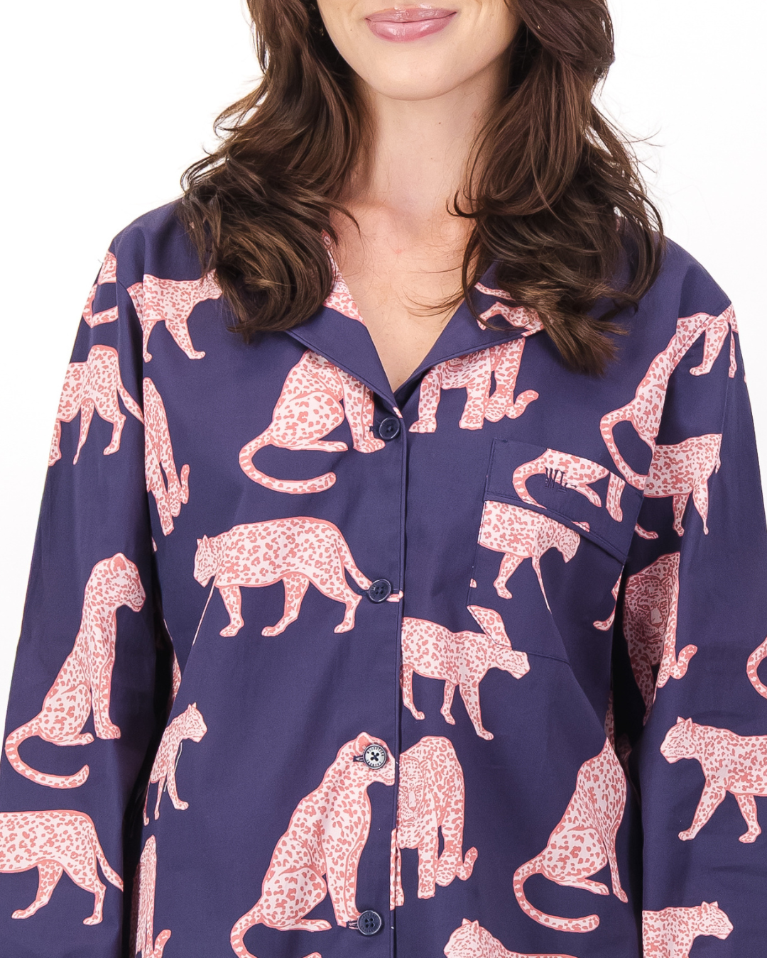 Womens Long Pyjamas - Pink Leopard on Navy