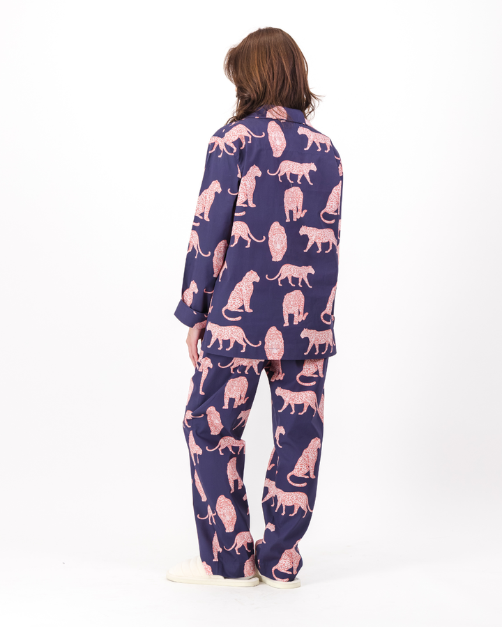 Womens Long Pyjamas - Pink Leopard on Navy