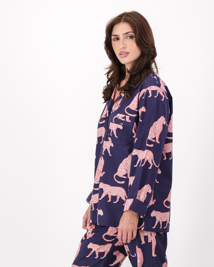 Womens Long Pyjamas - Pink Leopard on Navy