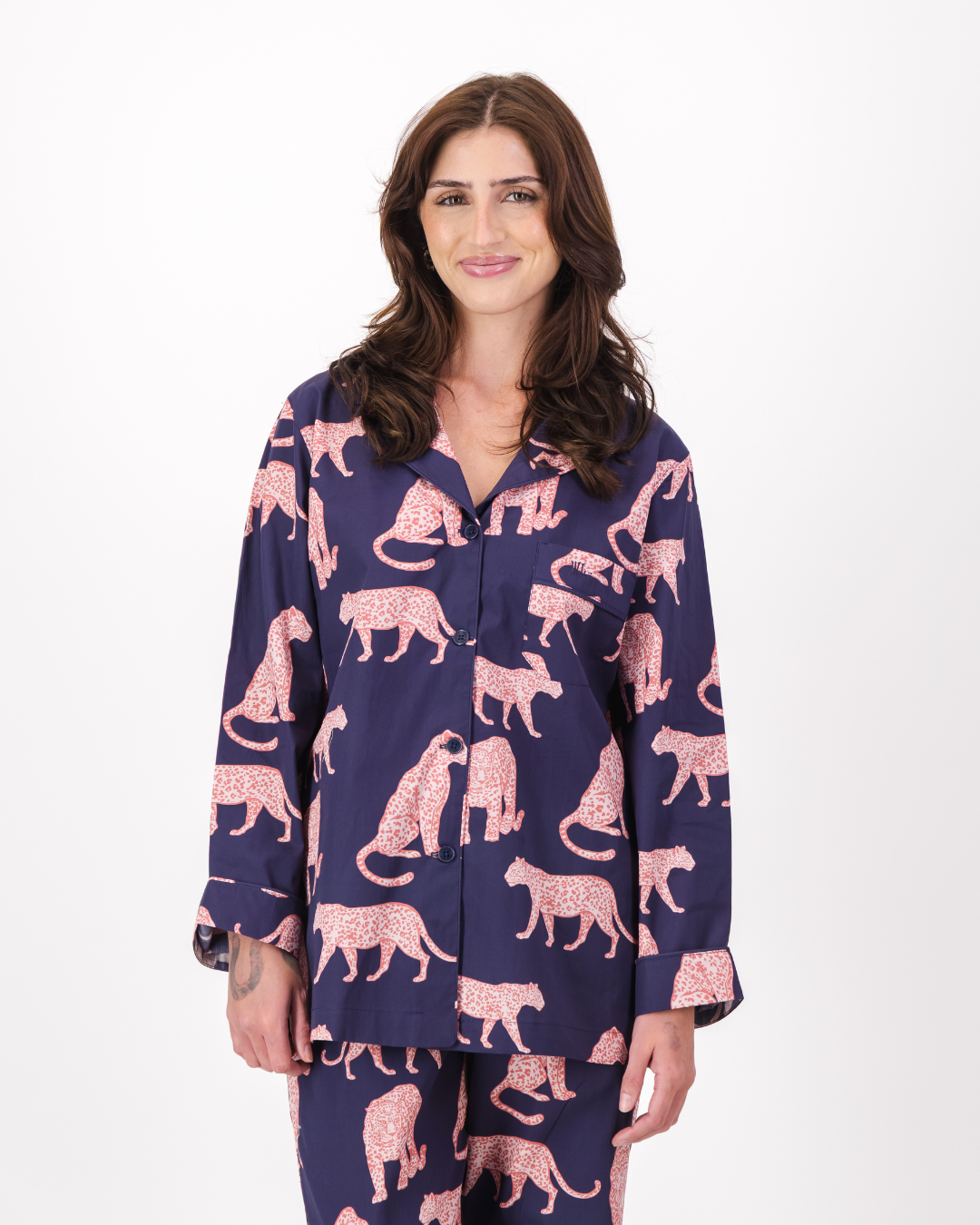 Womens Long Pyjamas - Pink Leopard on Navy