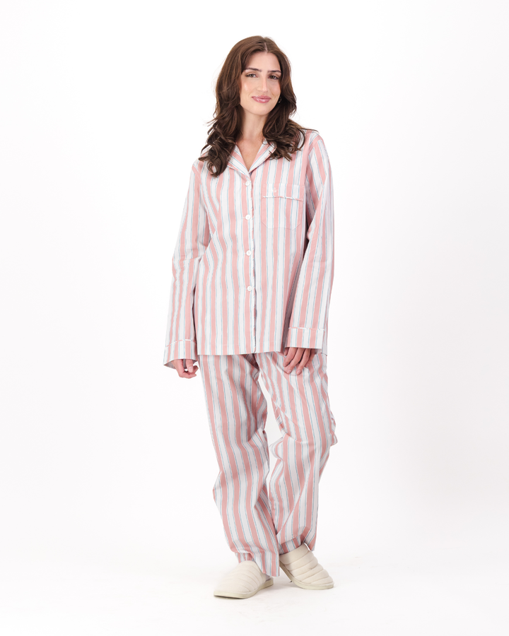 Womens Long Pyjamas - Pink and Blue Stripes on White
