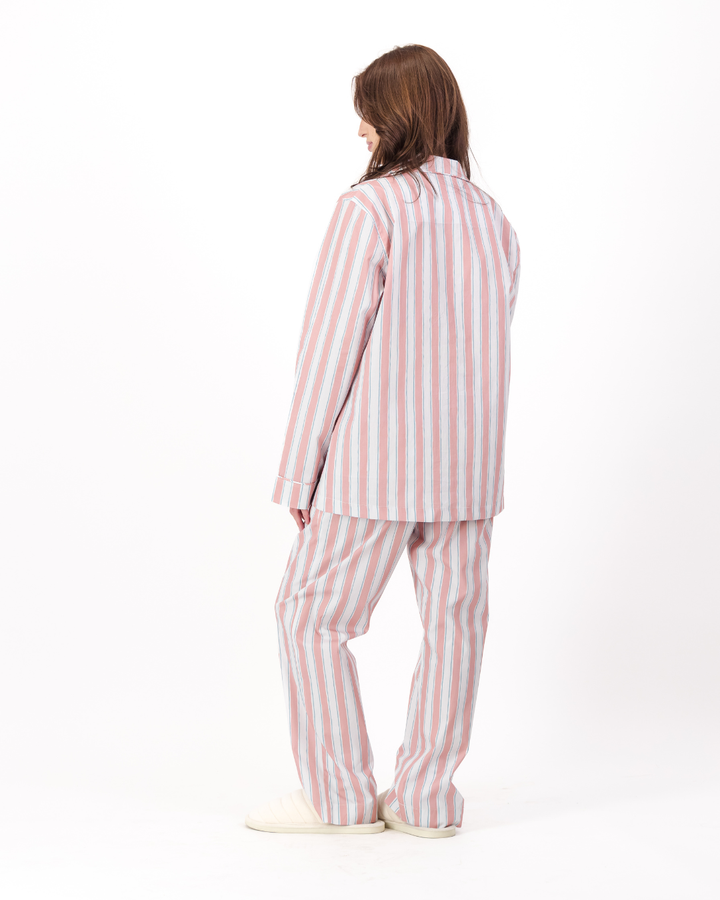 Womens Long Pyjamas - Pink and Blue Stripes on White