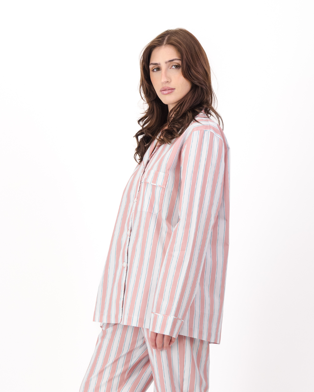 Womens Long Pyjamas - Pink and Blue Stripes on White