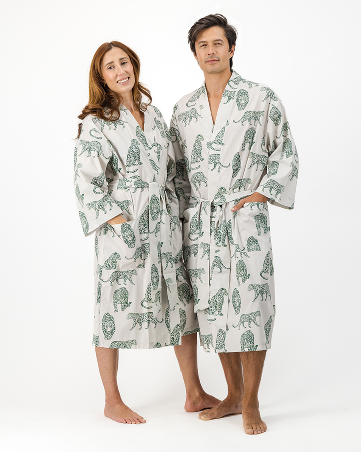 Adults Kimono - Teal Leopard on Off White