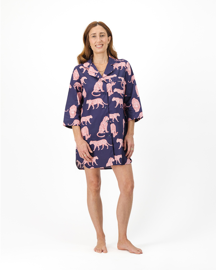 Womens Sleepshirt - Pink Leopard on Navy