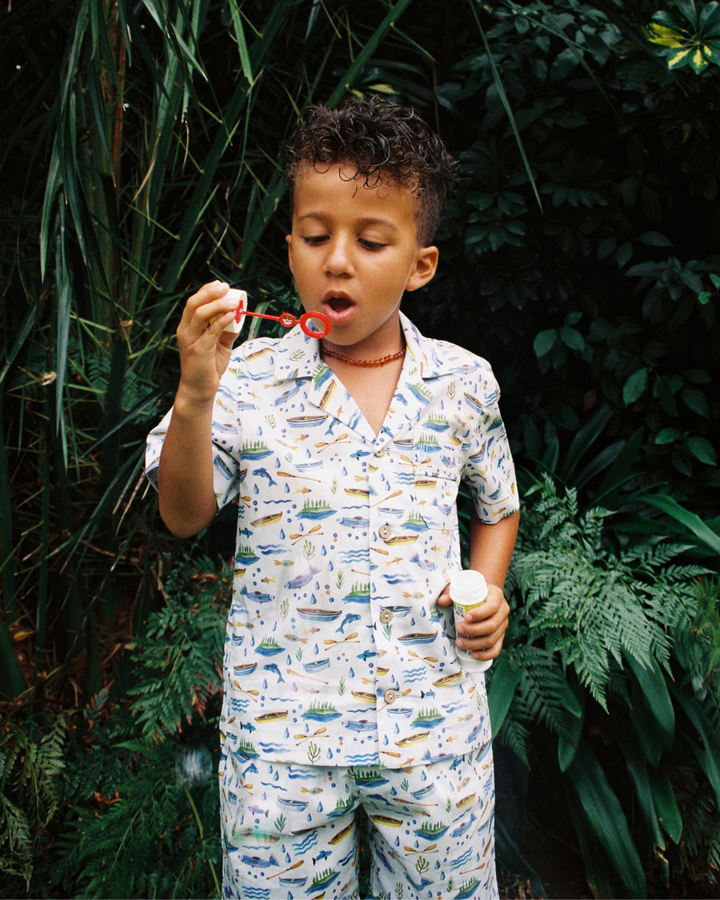 Boys Short Pyjamas - Boats and Fish on Light Blue