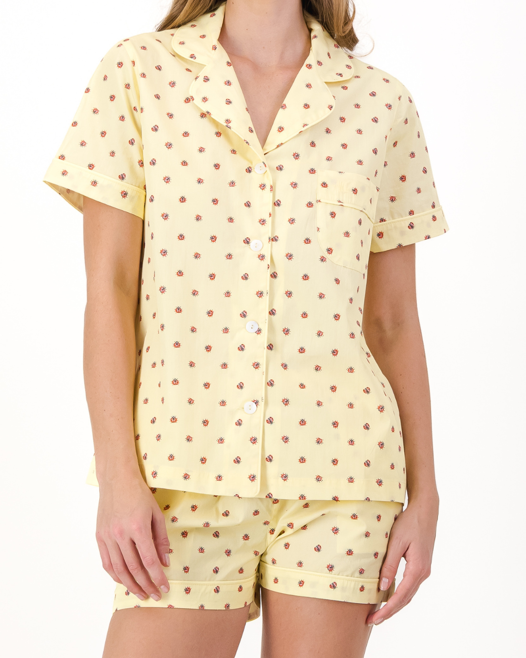 Womens Short Pyjamas - Red Lady Bugs on Yellow