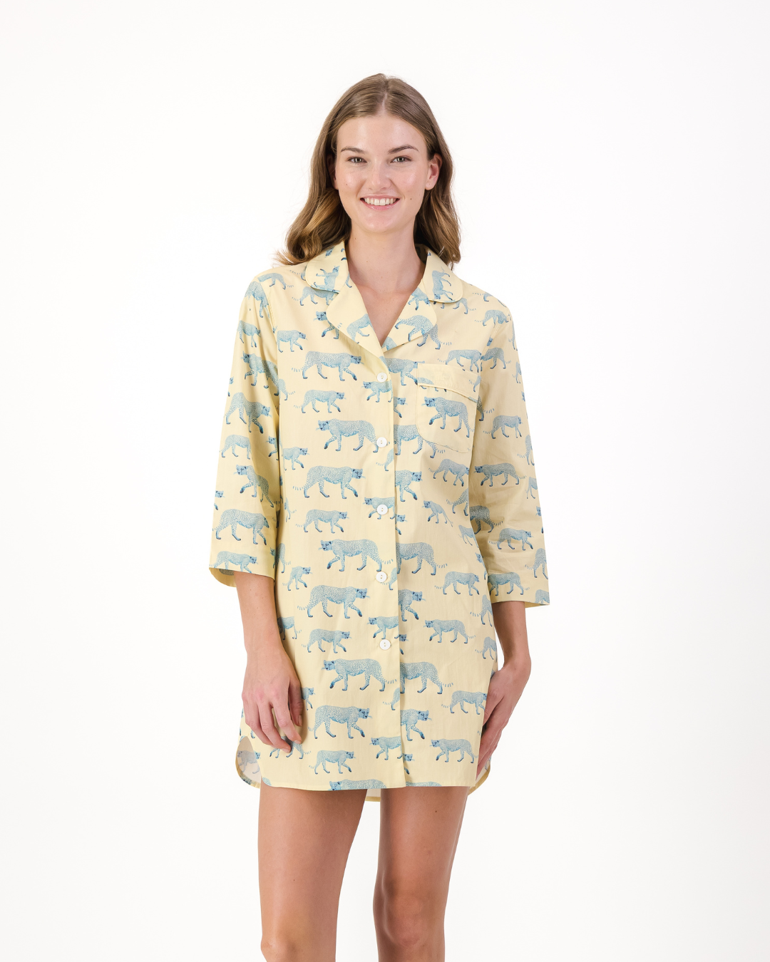 Womens Sleepshirt - Blue Cheetahs on Yellow