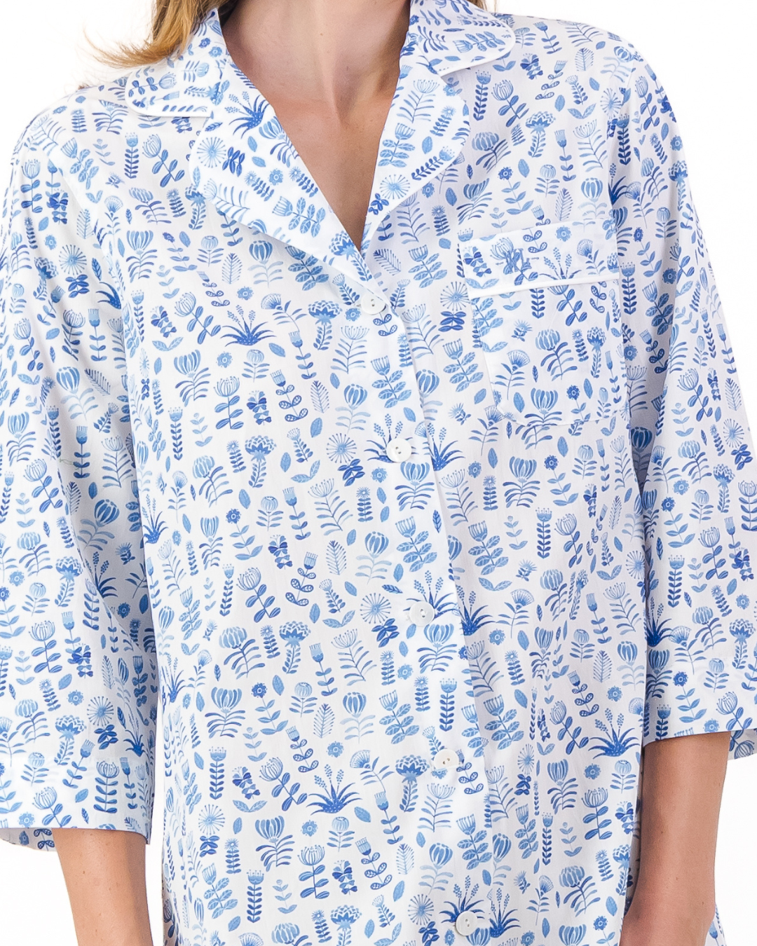 Womens Sleepshirt - Blue Floral on White
