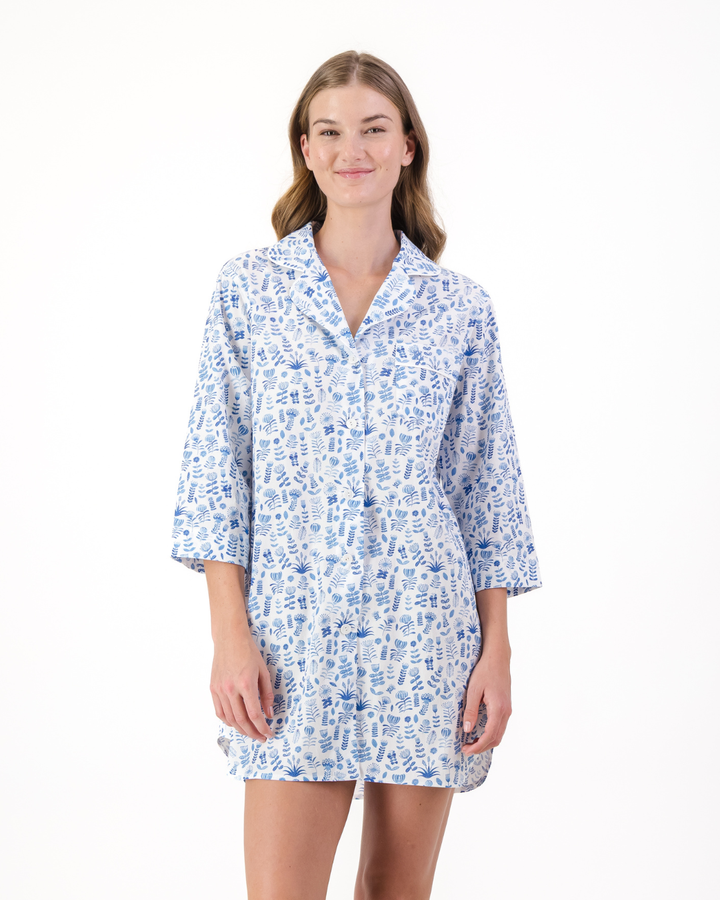 Womens Sleepshirt - Blue Floral on White