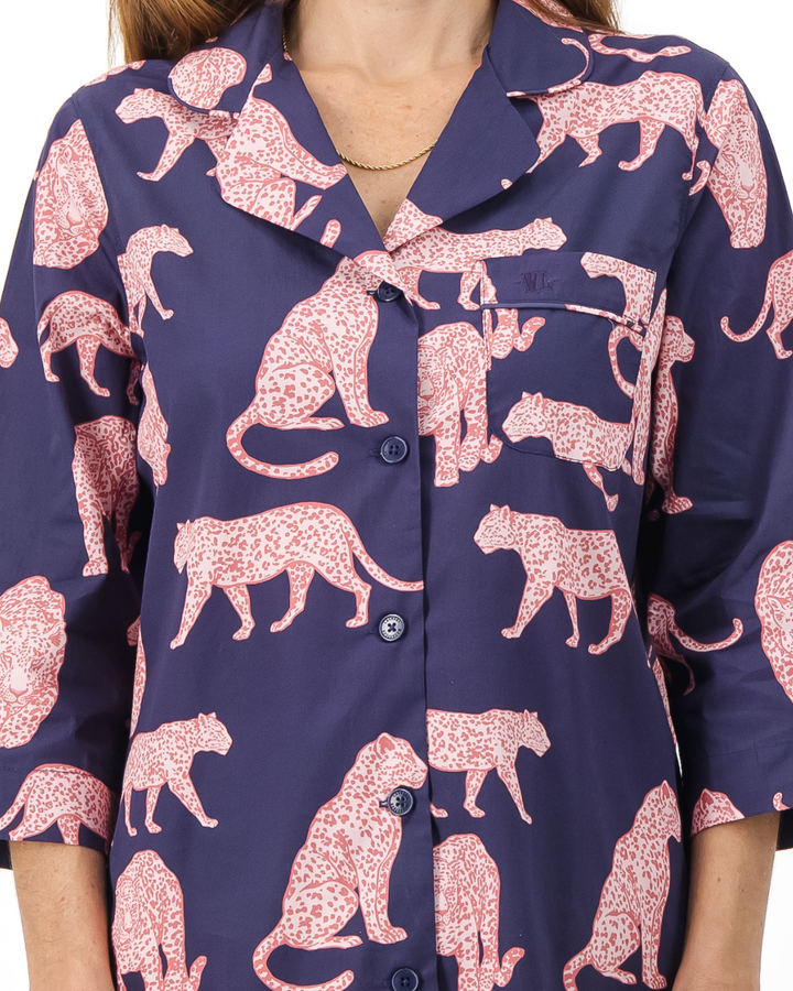 Womens Sleepshirt - Pink Leopard on Navy