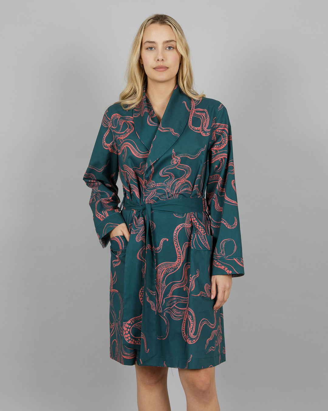 Womens Dressing Gown - Pink Octopus on Green Front - Woodstock Laundry