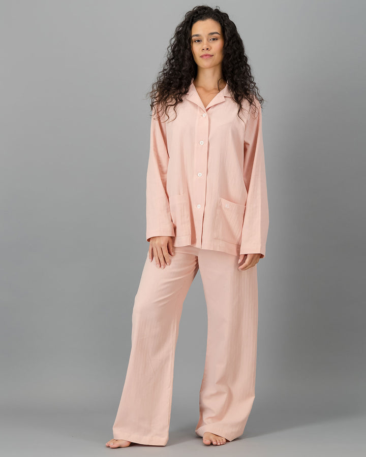 Womens HOT Cotton  Long Pyjama Set Peach Front - Woodstock Laundry