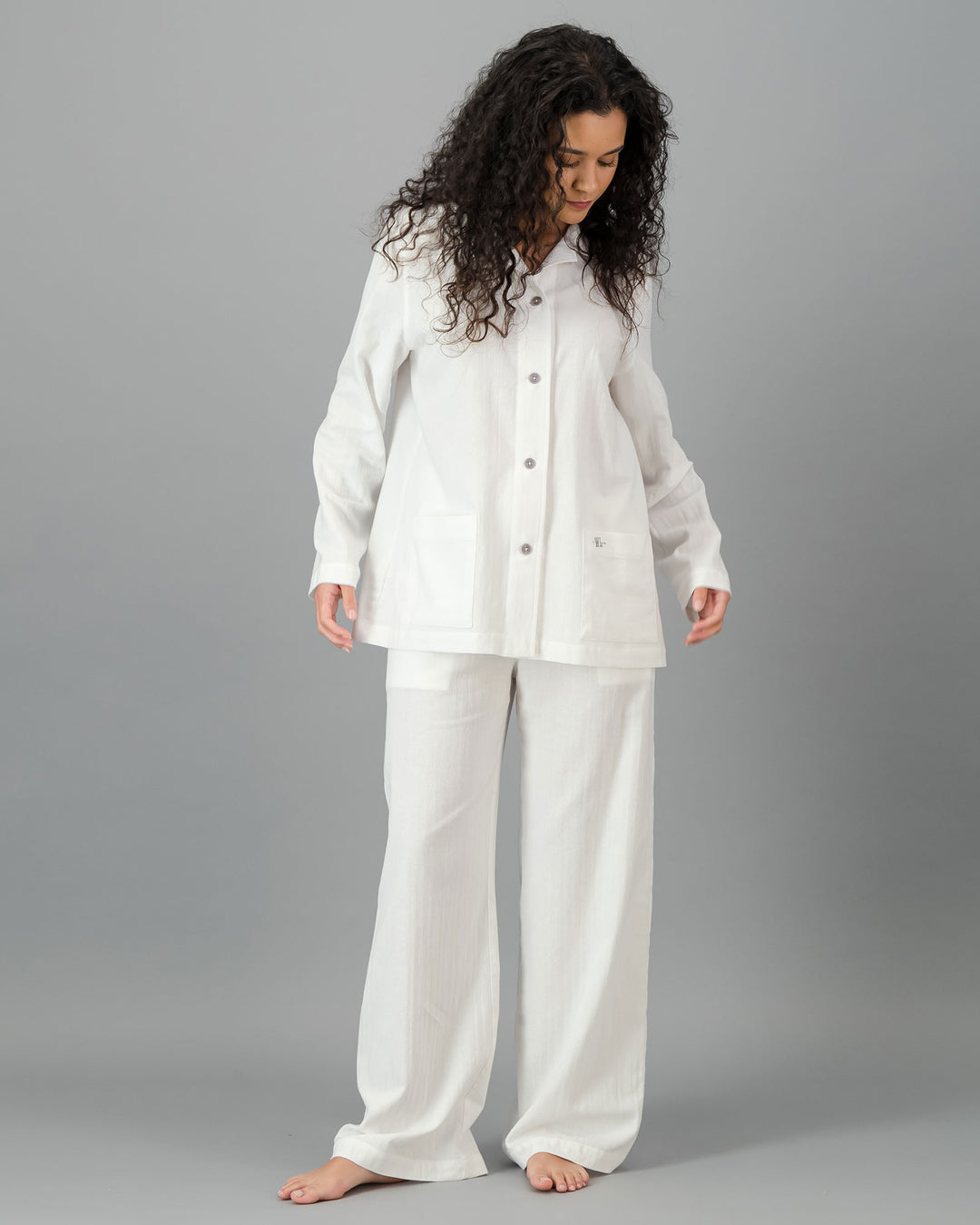 Womens HOT Cotton Long Pyjama Set White Front - Woodstock Laundry