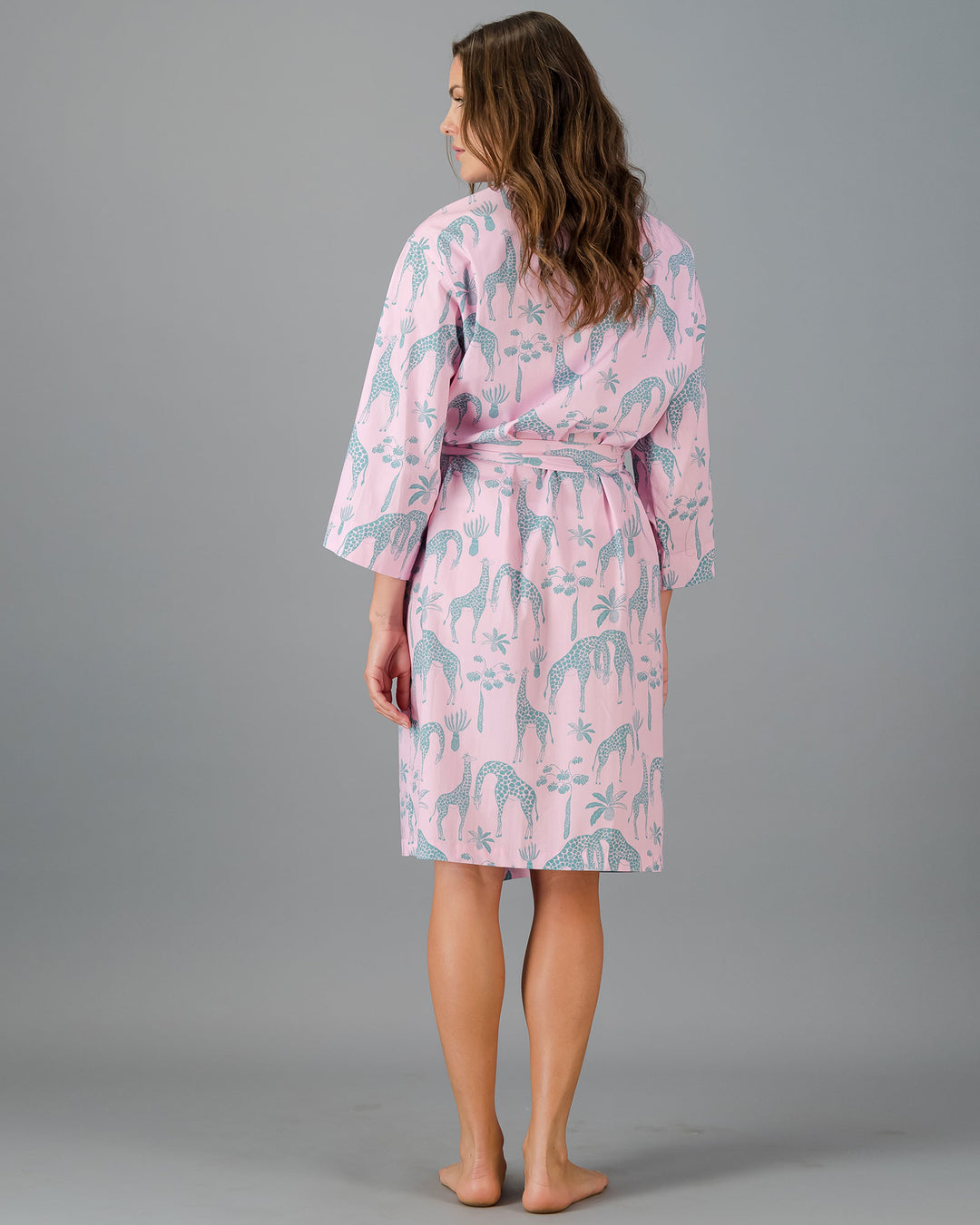 Adults Kimono - Green Giraffes on Pink