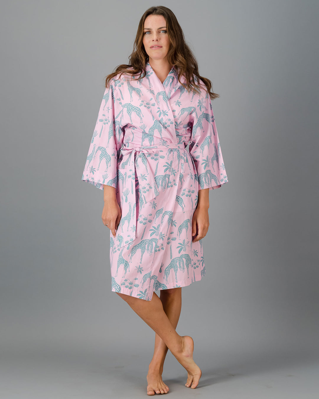 Adults Kimono - Green Giraffes on Pink