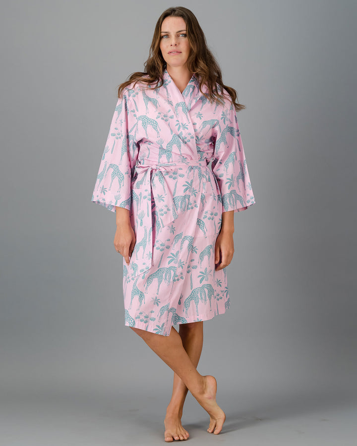 Adults Kimono - Green Giraffes on Pink