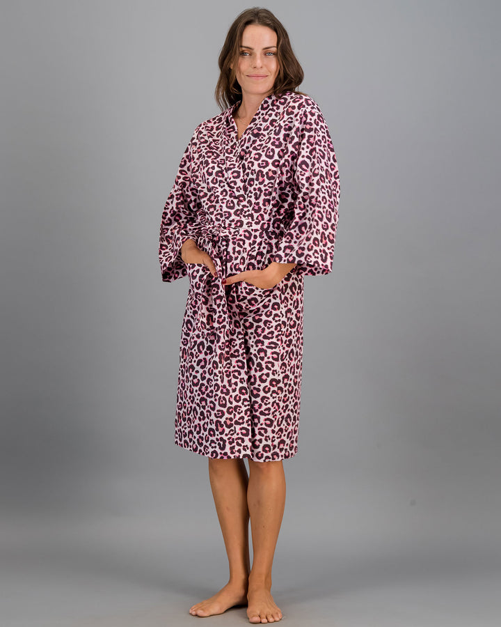 Womens Kimono - Leopard Skin on Pink Front - Woodstock Laundry