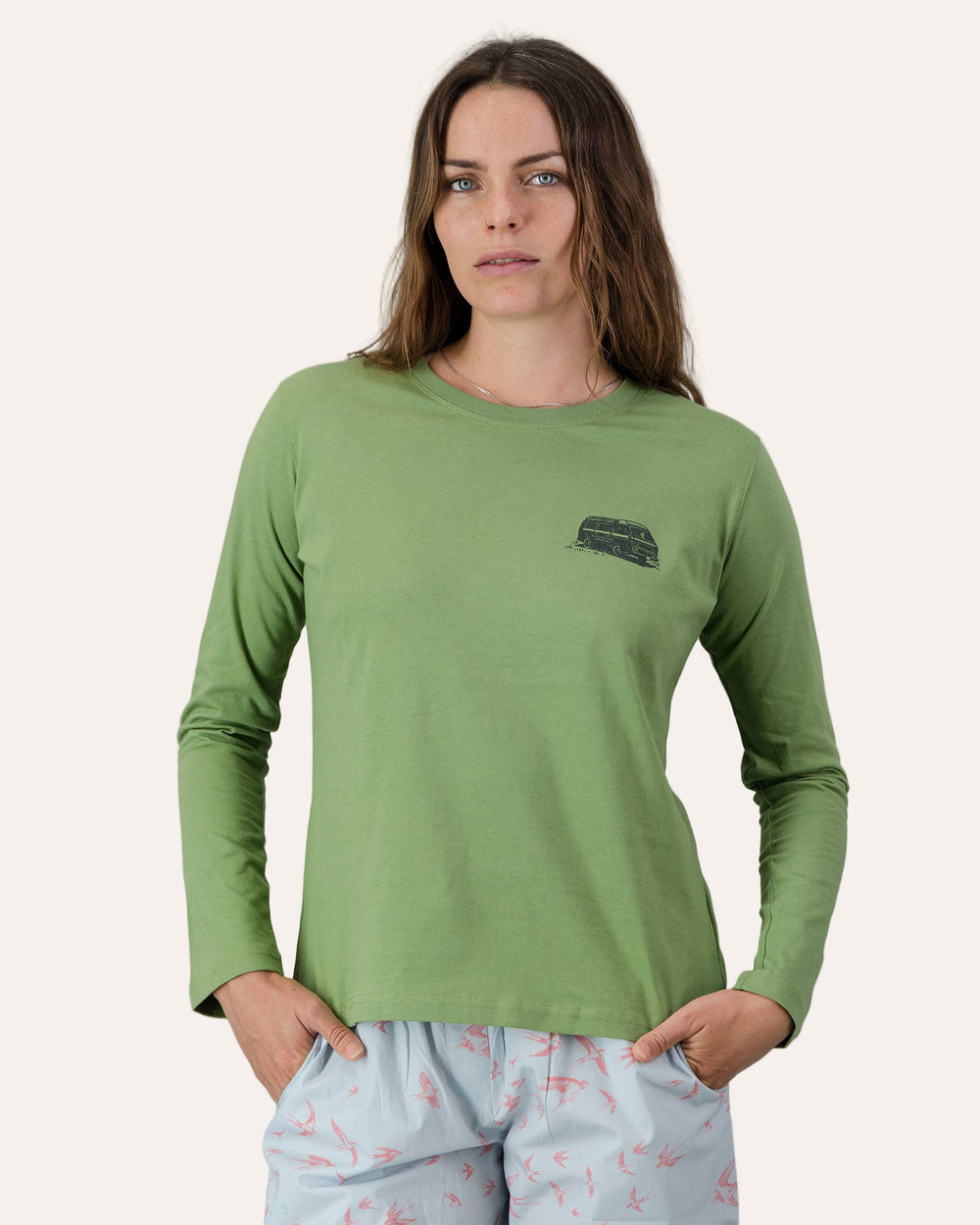 Womens Long-Sleeve T-Shirt - Dark Green Campers on African Sage Front - Woodstock Laundry