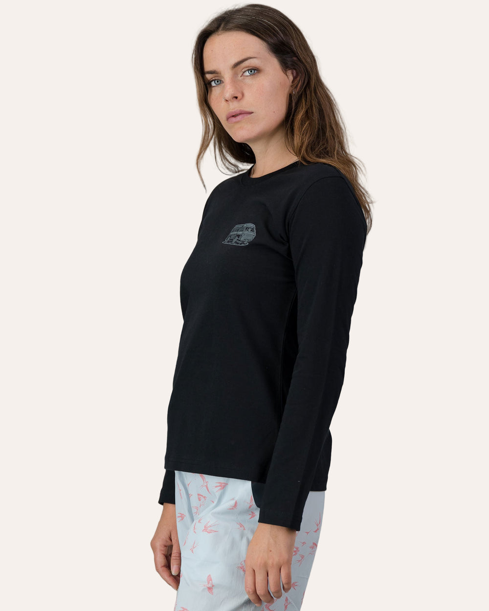 Womens Long-Sleeve T-Shirt - Dark Grey Campers on Black Side - Woodstock Laundry