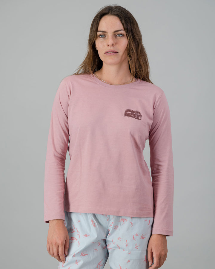 Womens Long-Sleeve T-Shirt - Maroon Campers on Dusty Pink Front - Woodstock Laundry