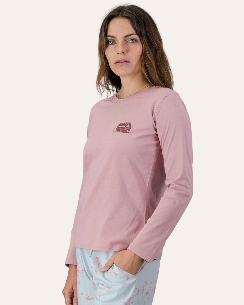 Womens Long-Sleeve T-Shirt - Maroon Campers on Dusty Pink Side - Woodstock Laundry