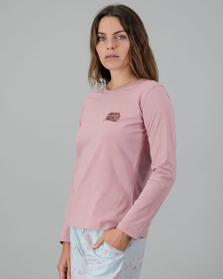 Womens Long-Sleeve T-Shirt - Maroon Campers on Dusty Pink Side - Woodstock Laundry