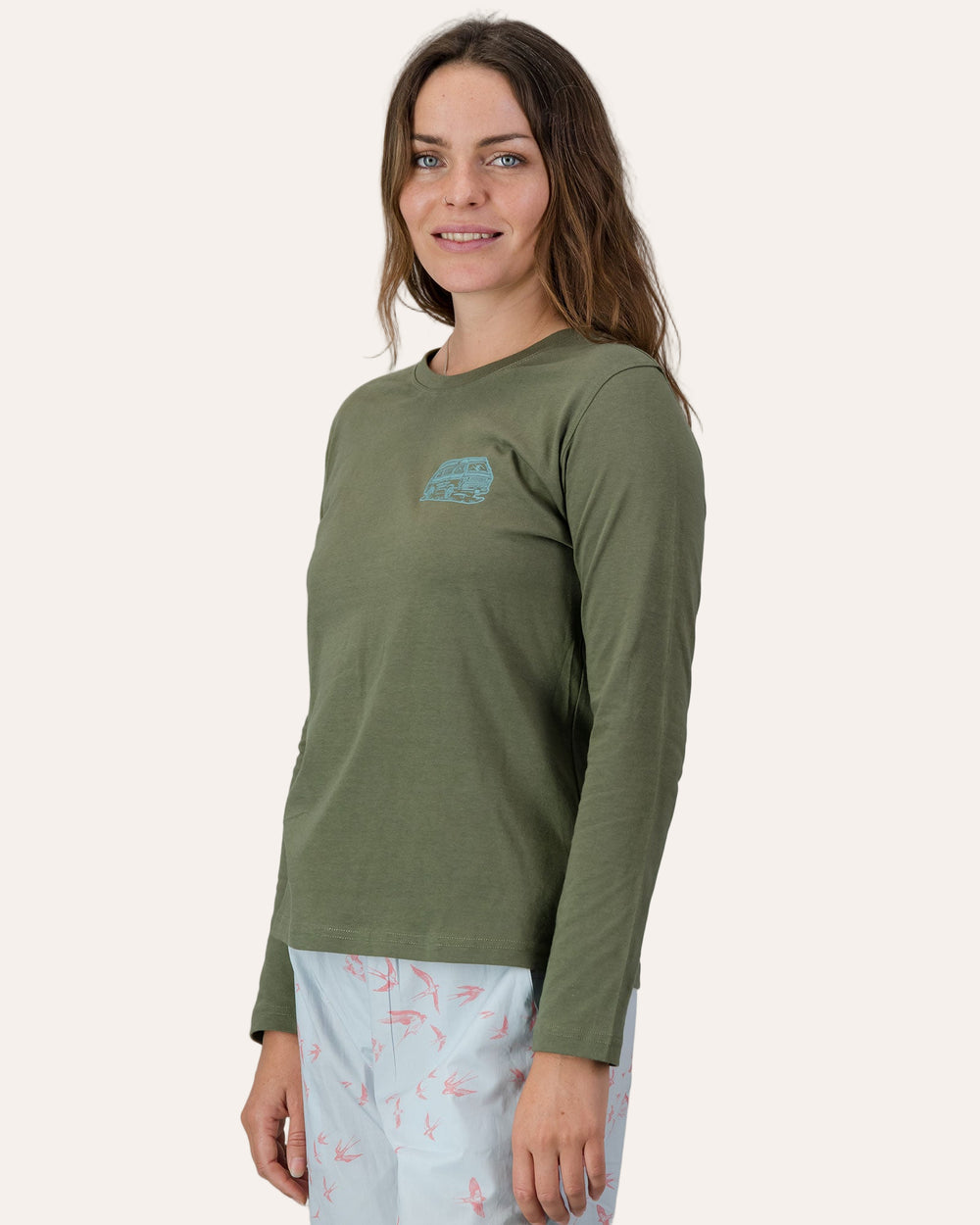 Womens Long-Sleeve T-Shirt - Turquoise Campers on Olive Green Side - Woodstock Laundry