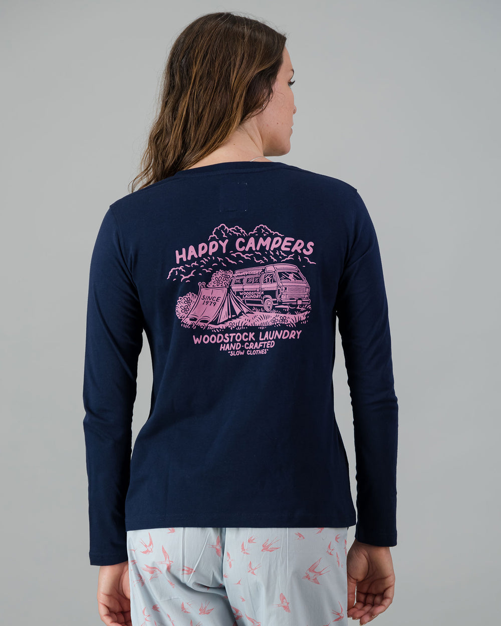 Womens Long-Sleeve T-Shirt - Pink Campers on Navy Back - Woodstock Laundry