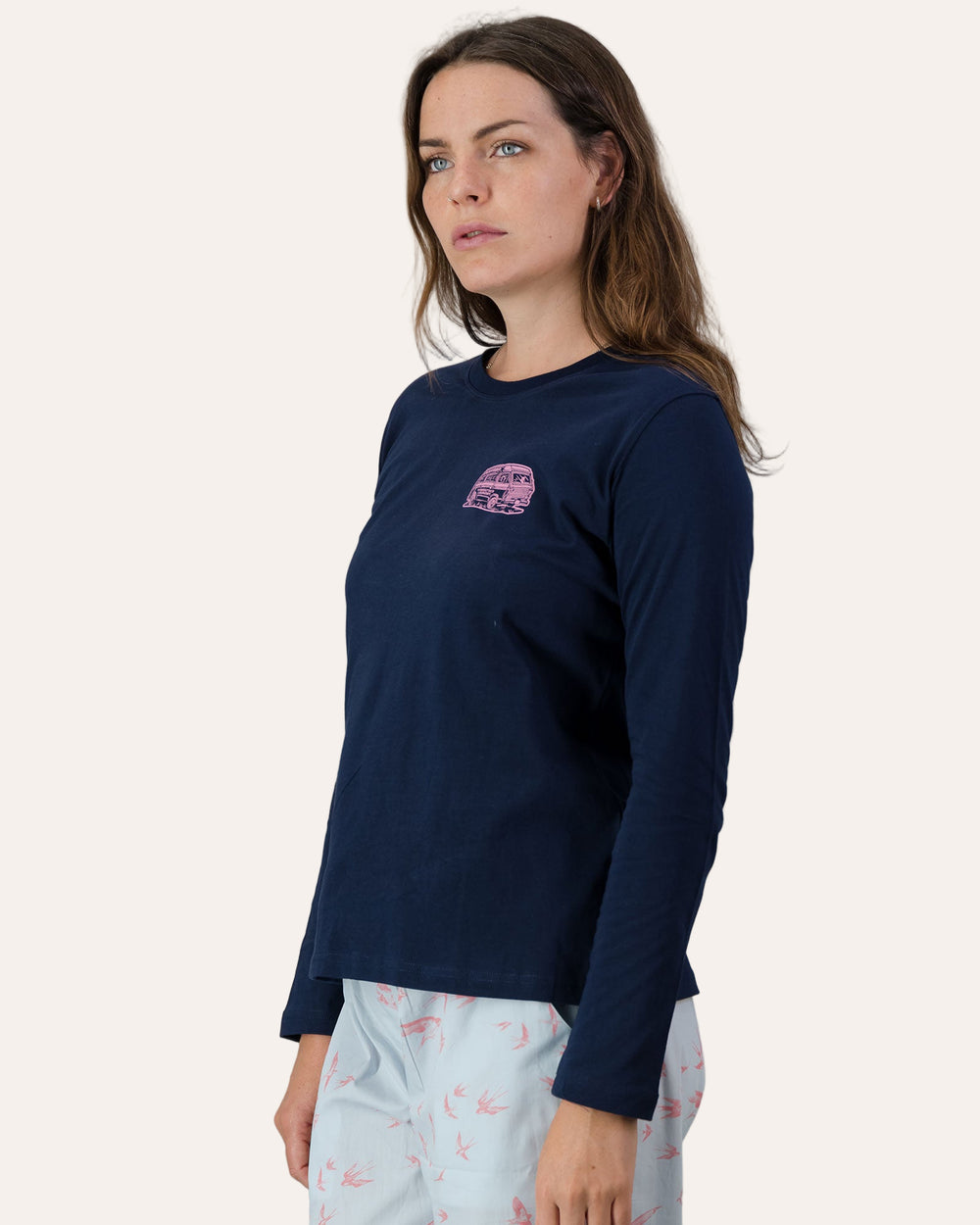 Womens Long-Sleeve T-Shirt - Pink Campers on Navy Side - Woodstock Laundry