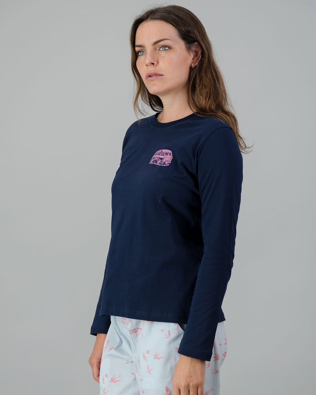 Womens Long-Sleeve T-Shirt - Pink Campers on Navy Side - Woodstock Laundry