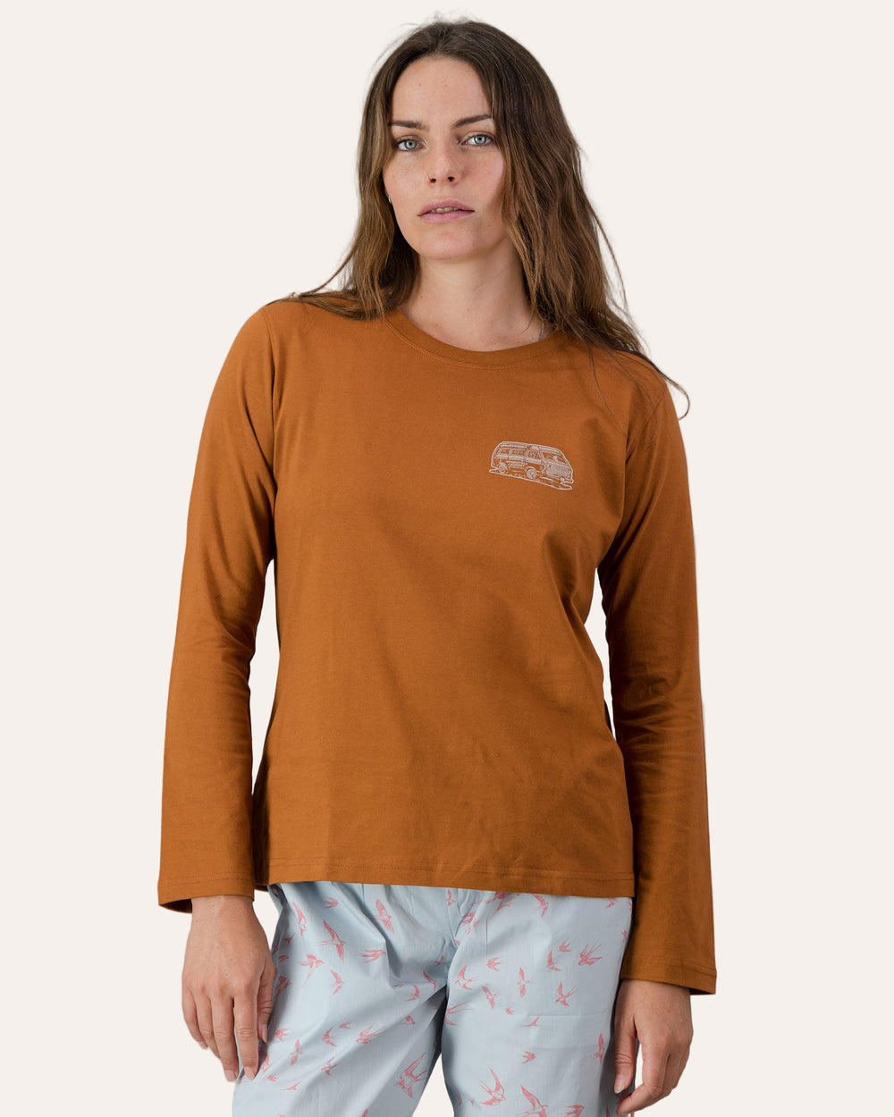 Womens Long-Sleeve T-Shirt - Copper Campers on Amber Front - Woodstock Laundry