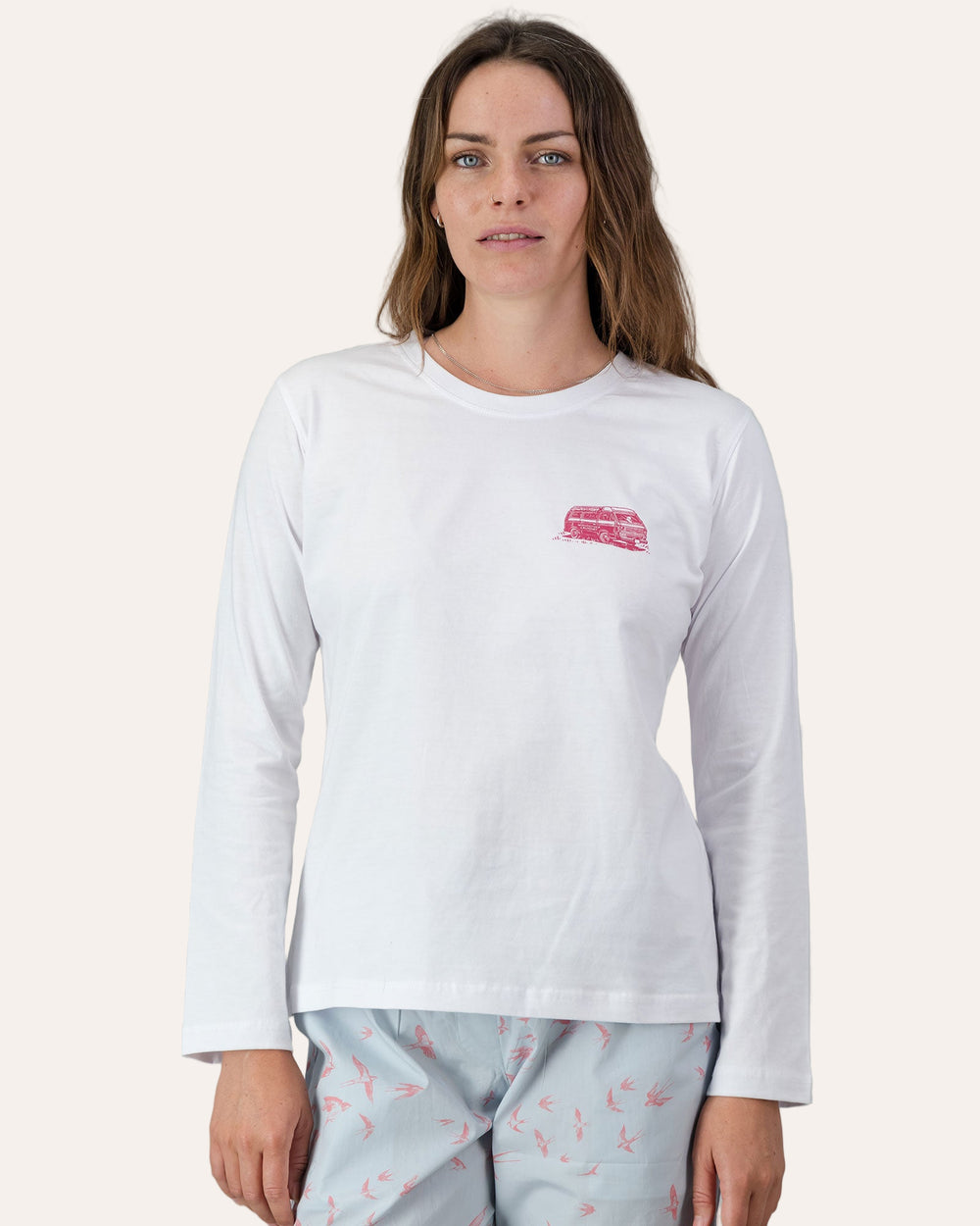 Womens Long-Sleeve T-Shirt - Pink Campers on White Front - Woodstock Laundry