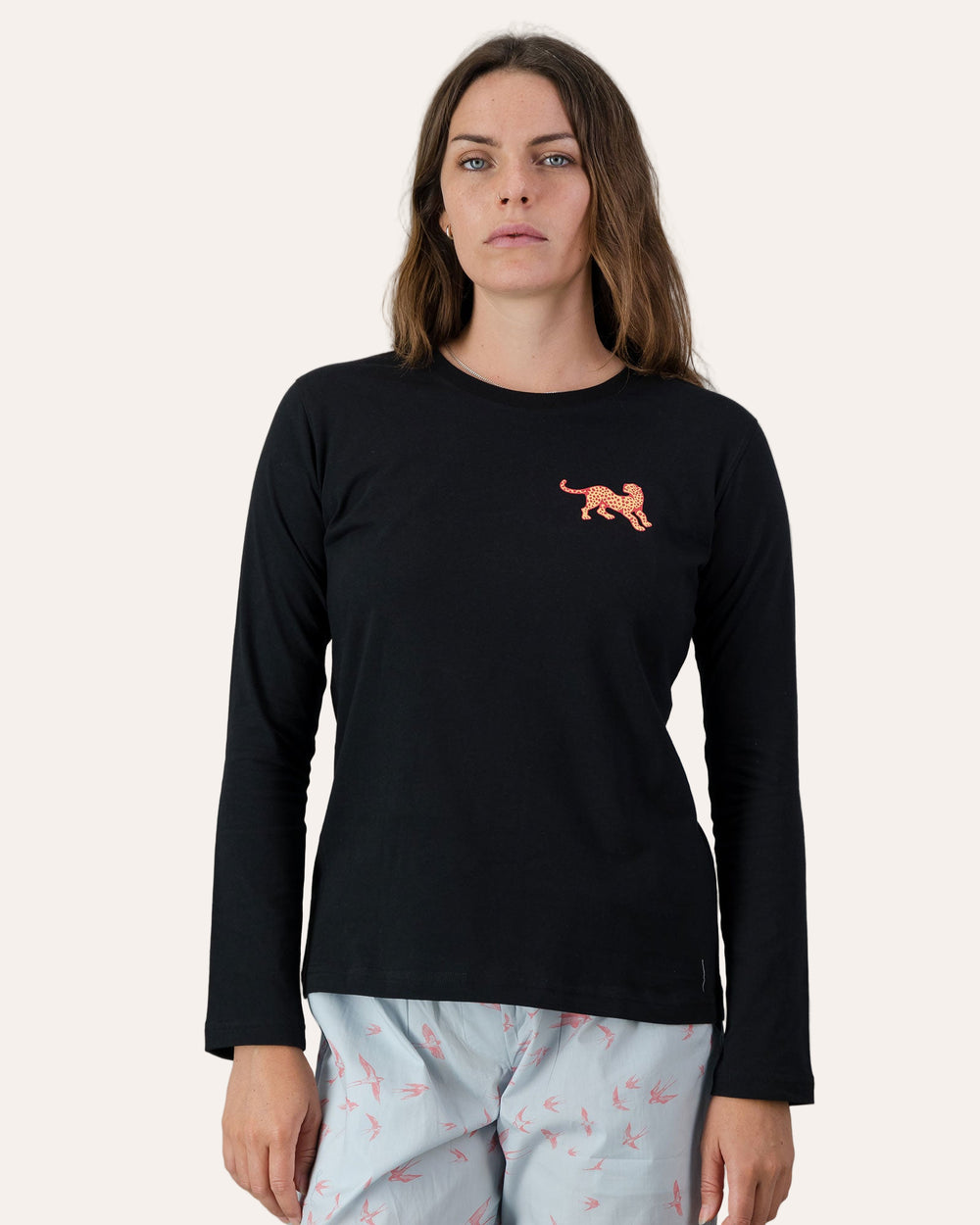 Womens Long-Sleeve T-Shirt - Red Leopard on Black Front - Woodstock Laundry