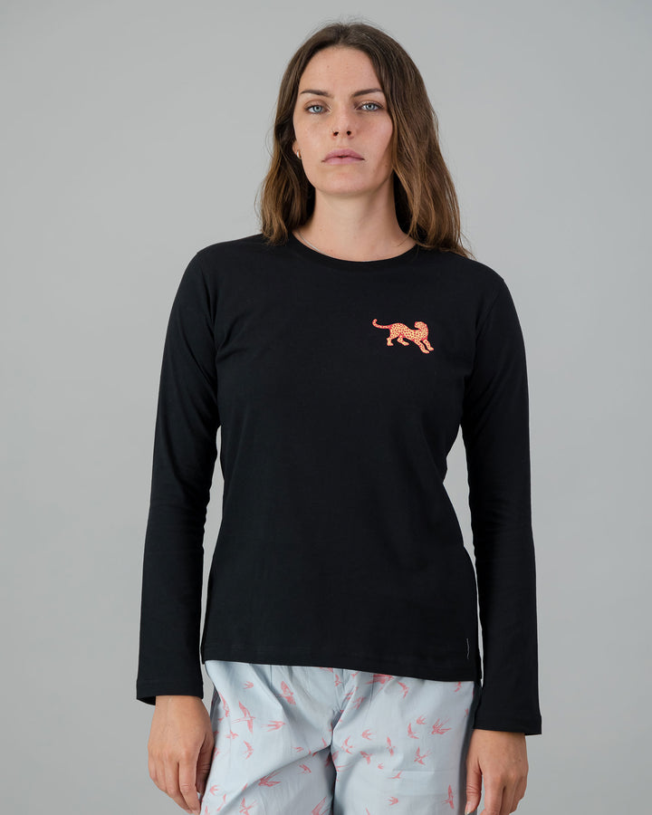 Womens Long-Sleeve T-Shirt - Red Leopard on Black Front - Woodstock Laundry