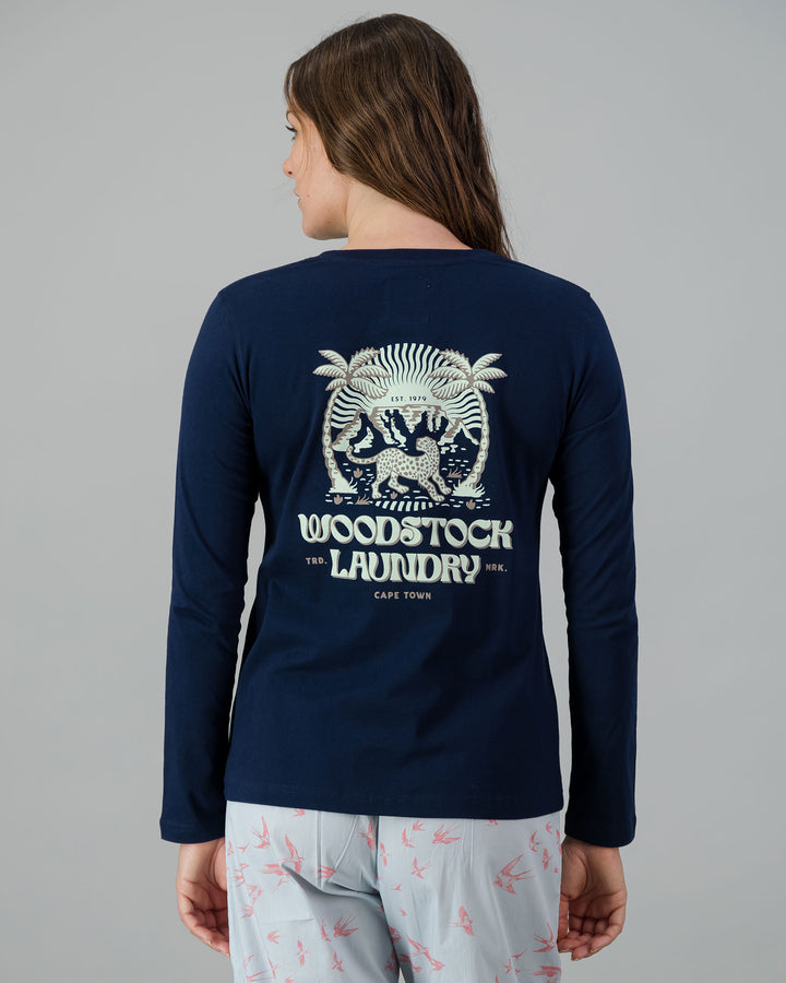 Womens Long-Sleeve T-Shirt - Turquoise Leopard on Navy Back - Woodstock Laundry
