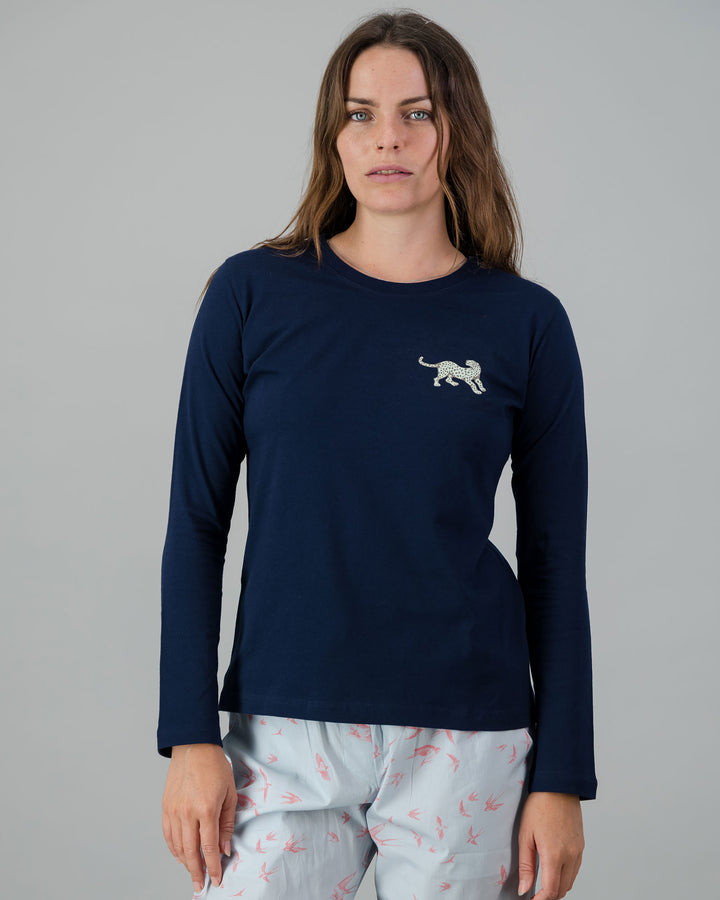 Womens Long-Sleeve T-Shirt - Turquoise Leopard on Navy Front - Woodstock Laundry