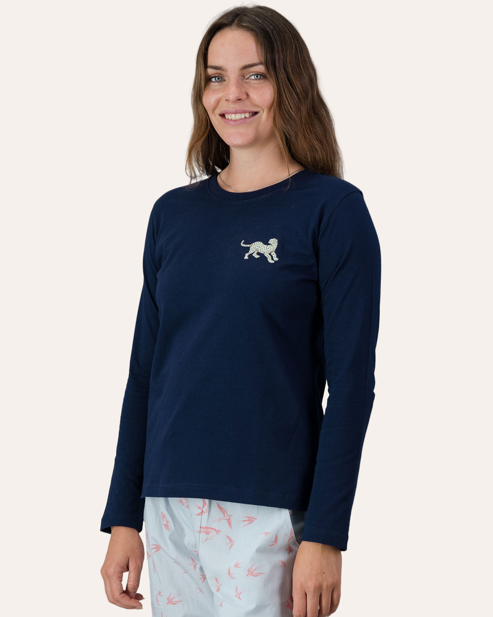 Womens Long-Sleeve T-Shirt - Turquoise Leopard on Navy Side - Woodstock Laundry