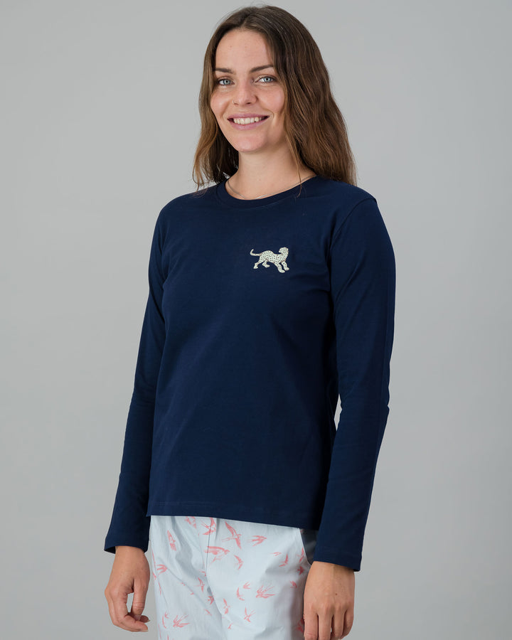 Womens Long-Sleeve T-Shirt - Turquoise Leopard on Navy Side - Woodstock Laundry