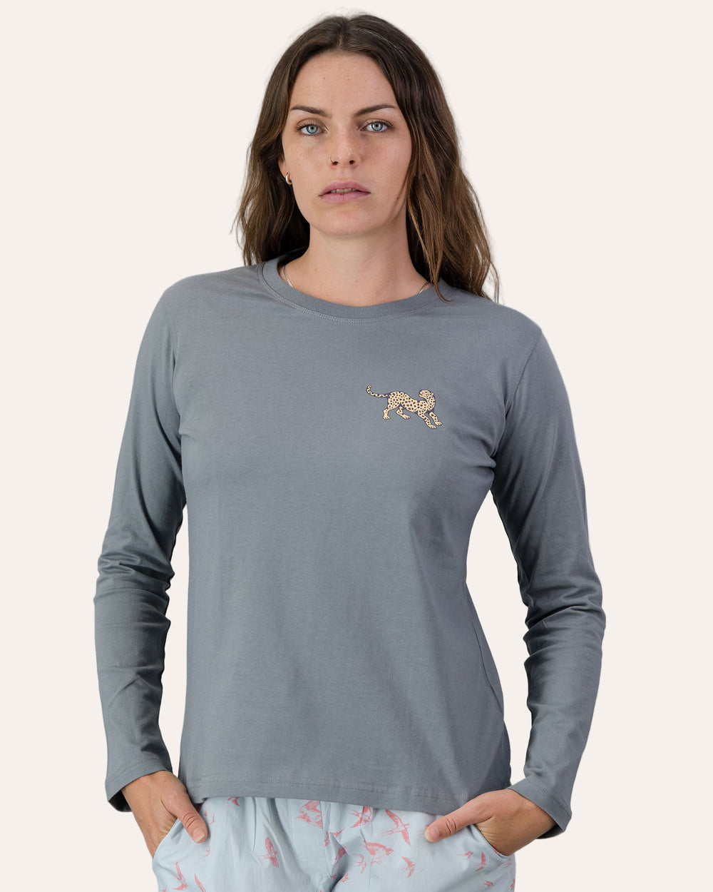 Womens Long-Sleeve T-Shirt - Yellow Leopard on Light Grey Front - Woodstock Laundry