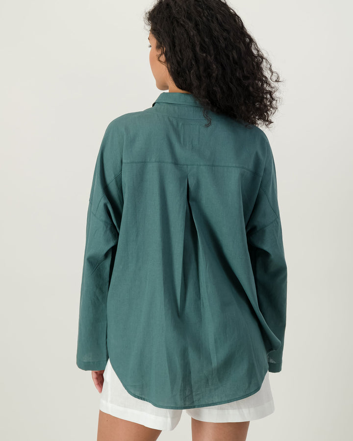 Womens Linen Flow Shirt - Forest Green Back - Woodstock Laundry