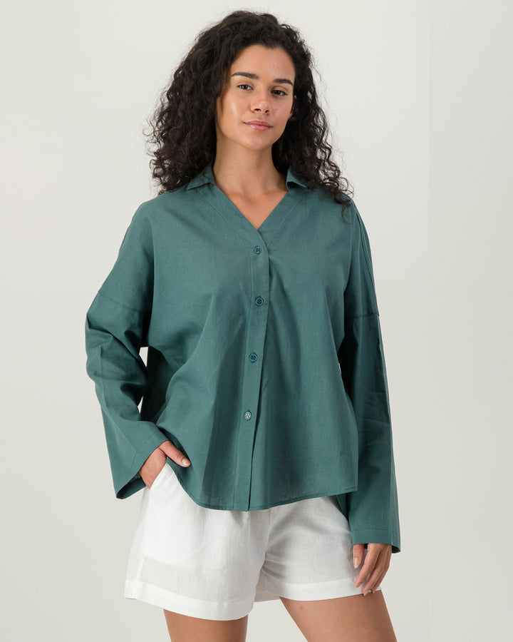 Womens Linen Flow Shirt - Forest Green Front - Woodstock Laundry