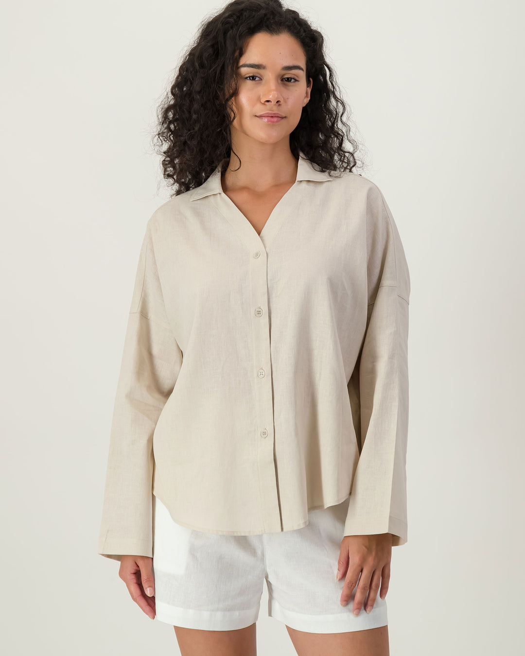 Womens Linen Flow Shirt - Natural Sand Front - Woodstock Laundry