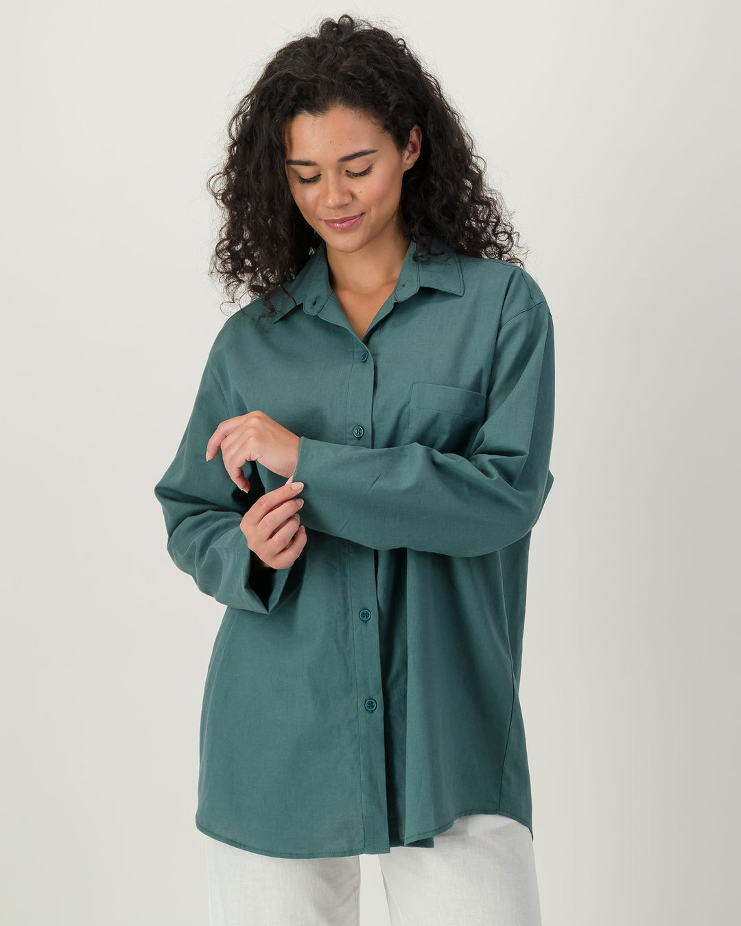 Womens Linen Over Shirt - Forest Green Front - Woodstock Laundry
