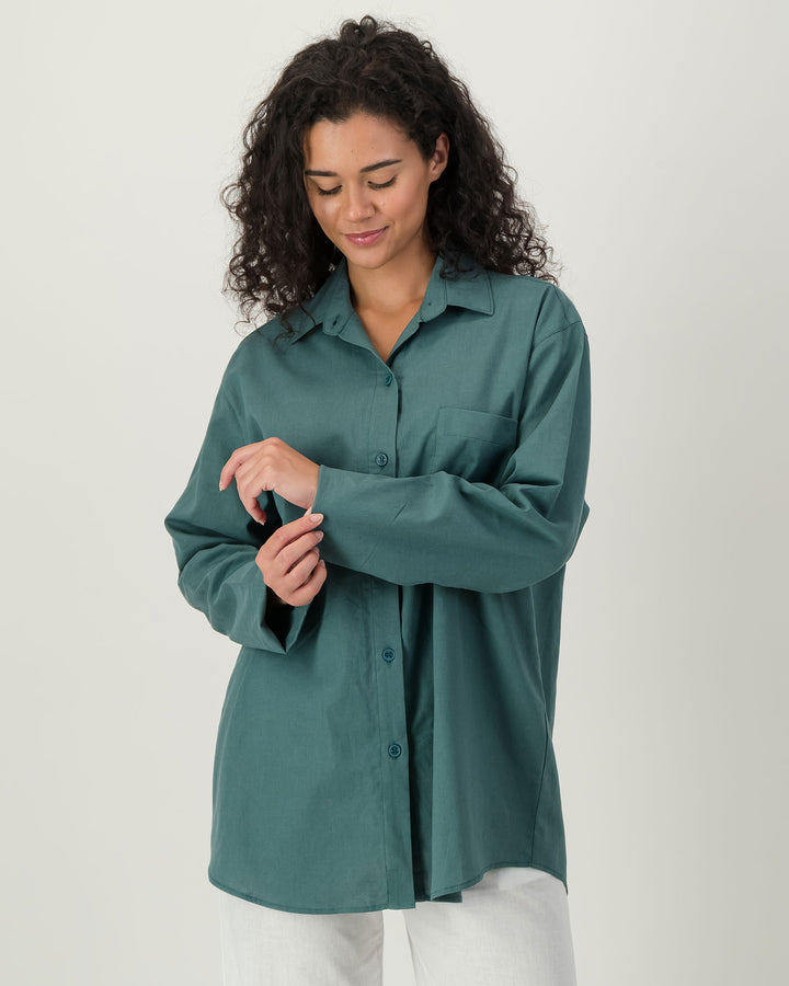 Womens Linen Over Shirt - Forest Green Front - Woodstock Laundry