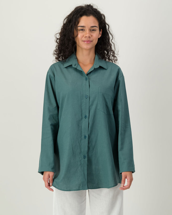 Womens Linen Over Shirt - Forest Green Front - Woodstock Laundry