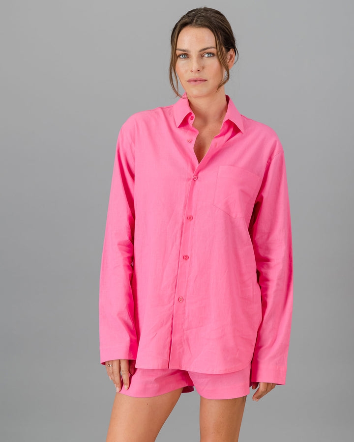 Womens Linen Over Shirt - Pink Front - Woodstock Laundry